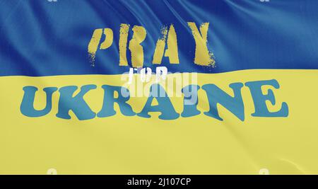 Ukraine Flagge winken Animation mit beten für Ukraine Text. Stoppen Sie den Krieg in der Ukraine Konzept. Stockfoto