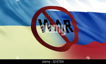 Ukraine und Russland Flaggen Kombination winken mit No war Text. Friedenskonzept zwischen der Ukraine und Russland. Kein Kriegskonzept. Stockfoto