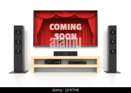 In Kürze Poster mit Home Cinema isoliert auf weißem Hintergrund Stockfoto