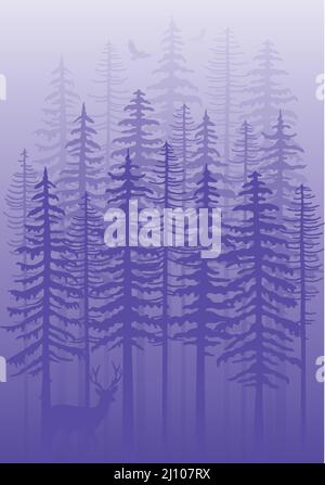 Lila Winterwald mit Tannen, Hirsche und Vögel, sehr peri Vektor Hintergrund Illustration Stock Vektor