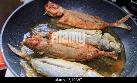 Braten von Fisch in Kokosöl in einer antihaftbeschichteten Pfanne Stockfoto