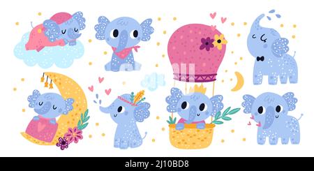 Baby Elefanten Charaktere. Niedliche Kinder Tiere. Verschiedene Posen und Aktionen. Glückliche Kreatur duscht oder schläft auf Wolke. Heißluftballonflug Stock Vektor