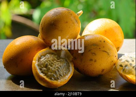 Das Foto zeigt eine exotische Frucht aus den Tropen. Die tropische Frucht wird Granadilla oder süße Passionsfrucht genannt. Granadilla ist orange in der Farbe wi Stockfoto