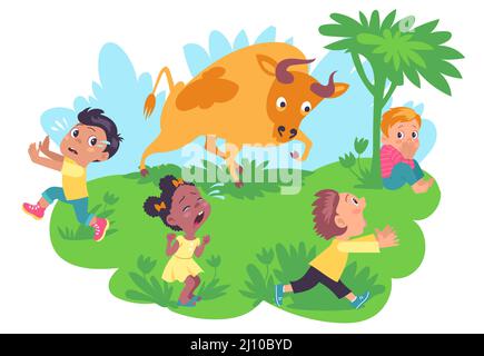 Kinder haben Angst im Freien. Verängstigte Kinder, die vor einem wütenden Stier weglaufen. Schreiende Mädchen und Jungen entkommen dem Ochsen. Gefährliche Tiersituation. Erschrocken Stock Vektor