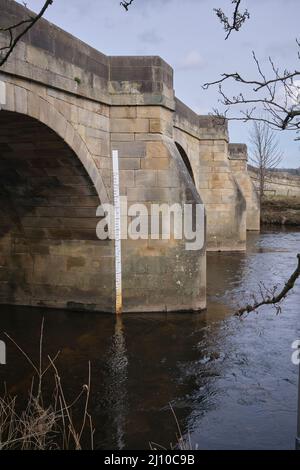 Gewölbte Brücke über den Fluss Ure bei Masham trägt die A6108 Stockfoto