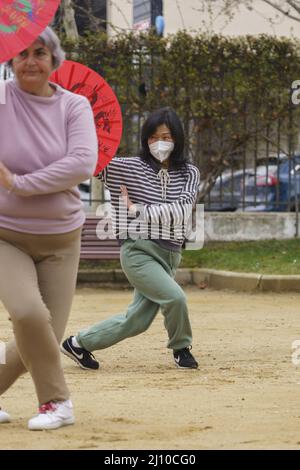 Madrid, Spanien. 27. Februar 2022: Schüler üben Taichi Stockfoto