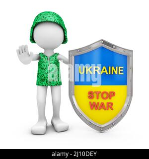 Ein Soldat in einem Helm auf dem Schild mit der Aufschrift - Ukraine, Krieg stoppen. 3D Rendern. Stockfoto