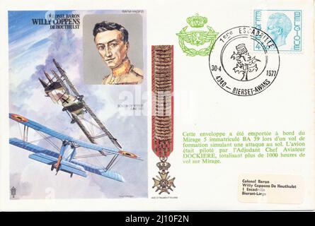 RAF geflogene thematische Briefmarke, RAFM HA SP2, mit Colonel Baron Willy Coppens De Houthulst, belgischem Air Ass. Stockfoto