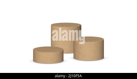 3D Podium Plattform Zylinder Vektor-Illustration. Realistische Podestbühnen aus Kartonpapier für die Produktpräsentation. Stock Vektor