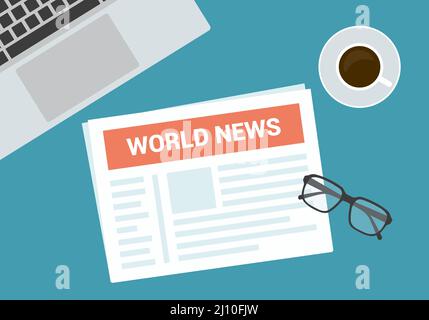 Flache Design-Illustration der Draufsicht auf Zeitung und Gläser mit einer Tasse Kaffee und Laptop auf dem Schreibtisch - Vektor Stock Vektor