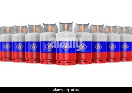 Gasflasche mit Flagge russland auf weißem Hintergrund. Isolierte 3D-Abbildung Stockfoto