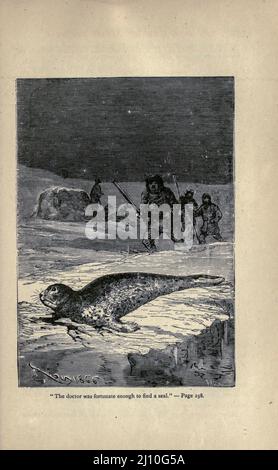 Der Arzt hatte das Glück, ein Siegel aus dem Buch "die Reisen und Abenteuer des Kapitäns Hatteras" von Jules Verne, 1828-1905 zu finden; illustriert von Édouard Riou Erscheinungsdatum 1876, Verlag Boston : J. R. Osgood der Roman, der 1861 spielt, beschrieb die Abenteuer einer britischen Expedition unter der Leitung von Captain John Hatteras zum Nordpol. Kapitän Hatteras weist viele Ähnlichkeiten mit dem englischen Seefahrer Sir John Franklin auf. Stockfoto