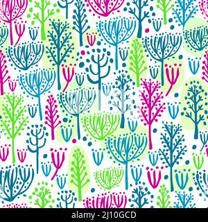Nahtloser Hintergrund einfaches Muster Bäume und Blumen. Vektorgrafik Stock Vektor