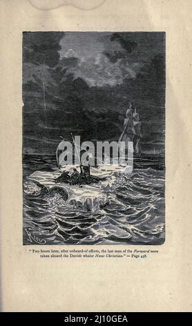 Zwei Stunden später, nach unerhörten Bemühungen, wurden die letzten Männer des Vorwärts an Bord des dänischen whalers Hans Christian aus dem Buch "die Reisen und Abenteuer des Hauptmanns Hatteras" von Jules Verne, 1828-1905; illustriert von Édouard Riou Erscheinungsdatum 1876, Verlag Boston : J. R. Osgood der Roman, der 1861 spielt, beschrieb die Abenteuer einer britischen Expedition unter der Leitung von Captain John Hatteras zum Nordpol. Kapitän Hatteras weist viele Ähnlichkeiten mit dem englischen Seefahrer Sir John Franklin auf. Stockfoto