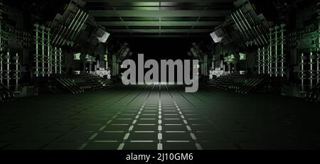 Computergestützter Inter Galactic Digital Tunnel Hangar Club Hallway Club Neon Black 3D Illustration Stockfoto