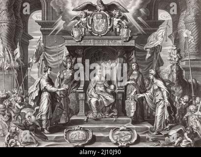 Sigismund III. Vasa, 1566 - 1632. König von Polen und Großherzog von Litauen 1587 bis 1632 und als Sigismund König von Schweden und Großherzog von Finnland (1592 bis 1599). Auf dem Bild wird er von Personifikationen seiner Territorien und Verbündeten flankiert, darunter Minerva, die Polen vertritt, und eine osmanische Frau mit Friedenszweig in der Hand, ein Hinweis auf den polnisch-osmanischen Krieg von 1620 - 1621. Nach einem Werk von Schelte Adamsz aus dem 17.. Jahrhundert. Bolswert. Stockfoto