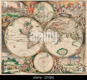 Handkolorierte Weltkarte von Gerard van Schagen, veröffentlicht in Amsterdam in den 1680er Jahren als Nova totius terrarum orbis tabula ex officina G. A. Schagen Amstelodami. Es basiert auf Frederick de Wits Karte Orbis Maritimus aus dem Jahr 1668. Die mythologischen Vignetten sind das Werk von Romeyn de Hooghe. Stockfoto