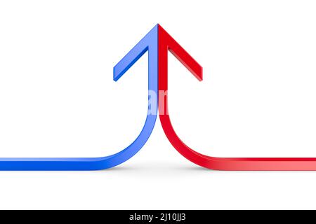 Pfeil aus zwei sich verschmelzenden roten und blauen Linien auf weißem Hintergrund. Isolierte 3D-Abbildung Stockfoto