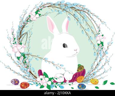 Niedliche Illustration des Osterhasen in den Zweigen der blühenden Weiden- und Apfelbaumblumen. Familien feiern gemeinsam Ostern. Frohe Ostern Gott Ble Stock Vektor