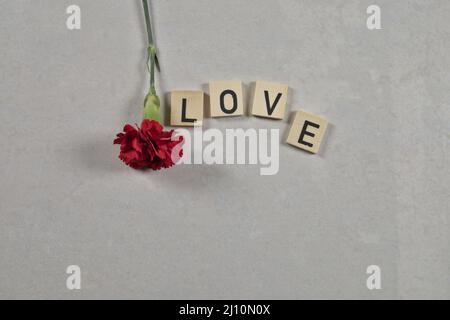 „Love“-Satz und eine Blume auf weißem Keramikgrund Stockfoto