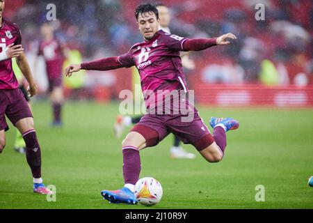 Diego Rico von Real Sociedad während des Fußballspiels der spanischen Meisterschaft La Liga zwischen dem FC Sevilla und Real Sociedad am 20. März 2022 im Stadion Ramon Sanchez-Pizjuan in Sevilla, Spanien - Foto: Joaquin Corchero/DPPI/LiveMedia Stockfoto