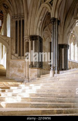 Brunnen, Kathedrale, Treppe zum Kapitelhaus und Vicars' Close, Treppe zum Kapitelsaal, Blick nach Nordosten Stockfoto