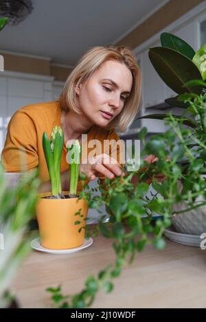 Eine nette Frau in einer gelben Jacke kümmert sich um die Hauspflanzen. Stockfoto