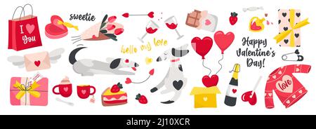 Happy Valentines Day Set mit handschriftlichen Grußworten und niedlichen Liebesaufklebern Stock Vektor