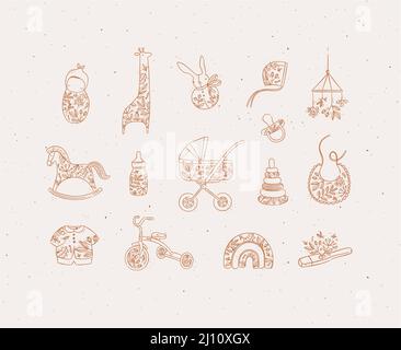 Set von Baby Zeug Kind, Giraffe, Spielzeug, Kaninchen, Puppe, hut, Pferd, Flasche, Milch, Kinderwagen, Babywagen, Serviette, Kleidung, Fahrrad, Thermometerzeichnung Stock Vektor