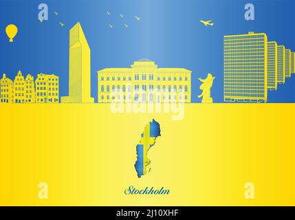 Stockholm City Skyline Silhouette - Illustration, Stadt auf gelbem Hintergrund, Karte von Schweden Stock Vektor