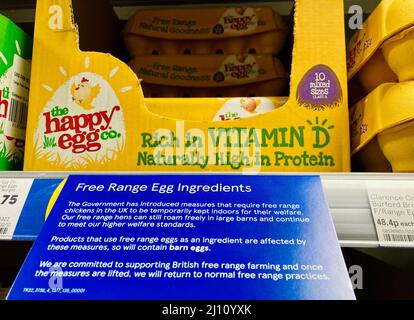 Leeds, Großbritannien. 21.. März 2022. Tesco Supermarkt zeigt signange behauptet, ihre Hennen "frei herumlaufen können", obwohl sie in Scheunen gehalten werden. Supermärkte informieren die Kunden nun darüber, dass freiliegende Hühner aufgrund der Anweisungen der britischen Regierung zur Vogelgrippe in Scheunen gehalten werden. Kredit: Bradley Taylor / Alamy Live Nachrichten Stockfoto