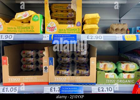 Leeds, Großbritannien. 21.. März 2022. Tesco Supermarkt zeigt signange behauptet, ihre Hennen "frei herumlaufen können", obwohl sie in Scheunen gehalten werden. Supermärkte informieren die Kunden nun darüber, dass freiliegende Hühner aufgrund der Anweisungen der britischen Regierung zur Vogelgrippe in Scheunen gehalten werden. Kredit: Bradley Taylor / Alamy Live Nachrichten Stockfoto