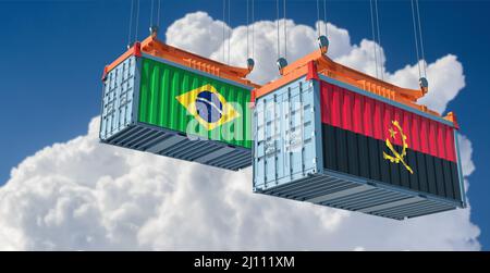 Frachtcontainer mit Nationalflagge Brasiliens und Angolas. 3D Rendering Stockfoto