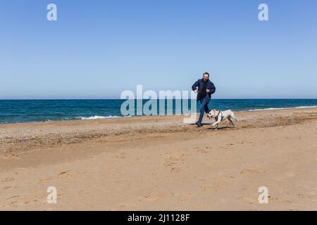 In der kalten Jahreszeit läuft ein Mann mit einem Labrador-Hund am Strand entlang Stockfoto