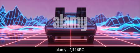 Auto im Neon-Cyberpunk-Stil. 80s retrowave Hintergrund. Futuristische Fahrt durch Neonstadt. 3D Abbildung Stockfoto