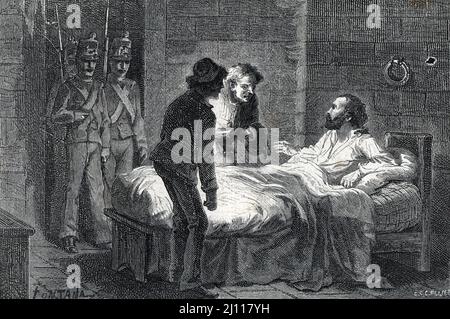 'Le revolutionnaire et patriote italien Felice Orsini (1819-1858) preparant son Evasion de la pentor de Mantoue dont il parviendra a s'evader le 30 mars 1856' (der italienische Revolutionär und Patriot Felice Orsini (1819-1858), der seine Flucht aus dem Gefängnis von Mantua vorbereitete, aus dem er am 30. März entkommen konnte, 1856) Gravure tiree de 'Fughe famose' 1874 Collection privee Stockfoto