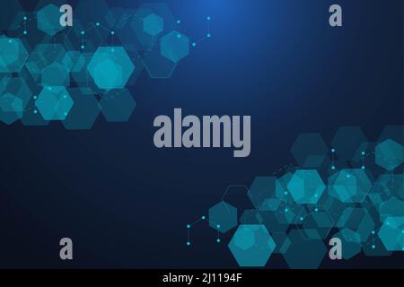 Sechseckiger abstrakter Hintergrund. Big-Data-Visualisierung. Globale Netzwerkverbindung. Medizin, Technik, Wissenschaft Hintergrund. Illustration. Stockfoto
