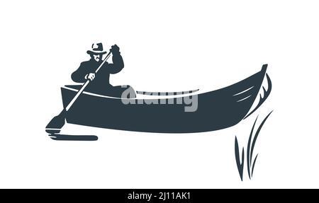 Silhouette eines Ruderbootes auf dem See. Professioneller erwachsener Fischer. Isoliert auf weißem Hintergrund. Vektorgrafik. Stock Vektor