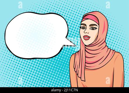 Glückliche junge muslimische Frau in Hijab mit leeren Sprechblase für Ihren Text, handgezeichnete Vektor-Illustration im Retro-Pop-Art-Comics-Buchstil Stock Vektor