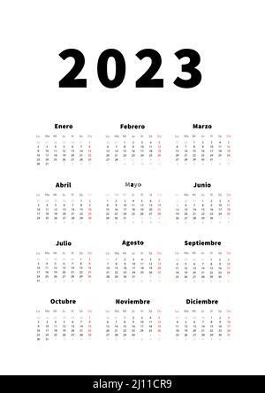 2023 Jahre einfacher vertikaler Kalender in spanischer Sprache, typografischer Kalender isoliert auf Weiß Stock Vektor