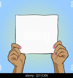afroamerikanische weibliche Hände mit einer weißen quadratischen Papier-Vektor-Illustration im Pop-Art-Retro-Stil Stock Vektor