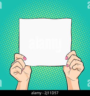 Weibliche Hände mit einer weißen quadratischen Papier-Vektor-Illustration im Pop-Art-Retro-Stil Stock Vektor