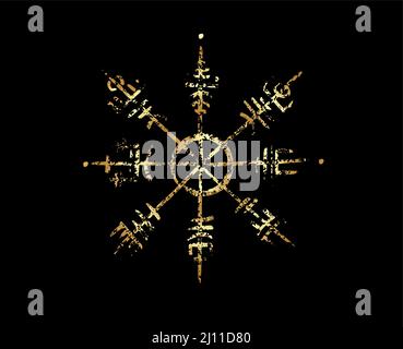 Vegvisir Runenkompass Goldfolie Bleistift Zeichnungsstil, Handzeichnung von Wikingersymbolen, Heiligen Norses, goldenes Logo, Grunge Runenmagic Symbole, Vektor Stock Vektor