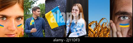 Ukraine-Banner. Ukrainische Teenager und junge Mann und Frau. Betet für Stockfoto