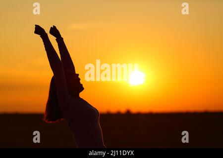 Profil einer aufgeregten Frau, die beim Sonnenaufgang die Arme hochhebt Stockfoto
