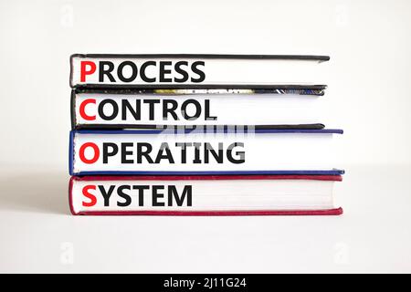 Symbol für das Betriebssystem der PCOS-Prozesssteuerung. Konzeptworte PCOS Prozessleitsystem auf Büchern auf weißem Hintergrund. Business-PCOS-Vorgänge Stockfoto
