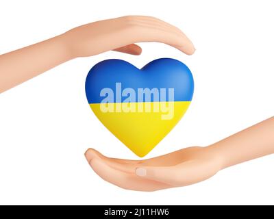 Hilfe Ukraine - menschliche Hände schützen Herz der blauen und gelben ukrainischen Flagge Farben 3D Render Stockfoto