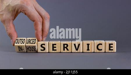Symbol für internen oder ausgelagerten Service. Der Geschäftsmann verwandelt sich in Würfel und ändert die Worte des Inhouse-Services in den Outsourcing-Service. Grauer Hintergrund. Geschäftsbetrieb- Stockfoto