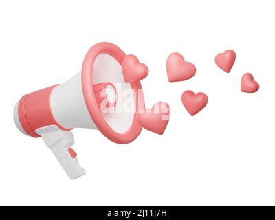 Lautsprecher mit Herzen 3D Render - rosa Megaphon Banner mit Liebe Symbole. Stockfoto