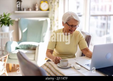 Ältere Frau mit Laptop zu Hause Stockfoto